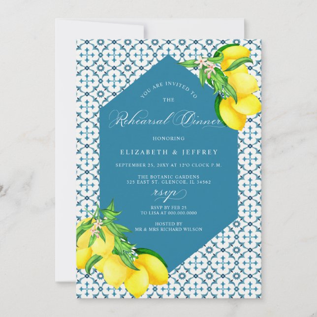 Mediterranean Blue Tiles Lemon Rehearsal Dinner Invitation (Front)