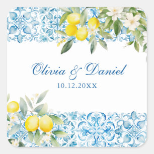 Mediterranean Blue Tiles & Lemon Wedding Square Sticker