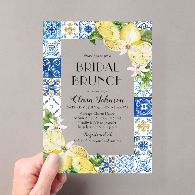 Mediterranean Blue Tiles Lemons Bridal Bunch Acrylic Invitations (Insitu (Handheld))