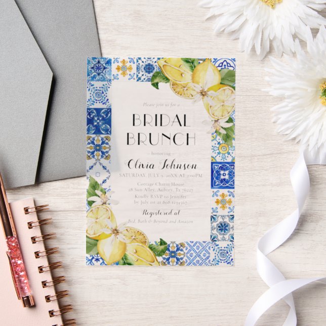 Mediterranean Blue Tiles Lemons Bridal Bunch Vellum Invitations (Wedding)