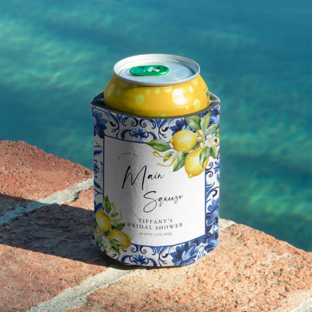 Mediterranean  Blue Tiles Lemons Bridal Shower Can Cooler (In Situ Pool)