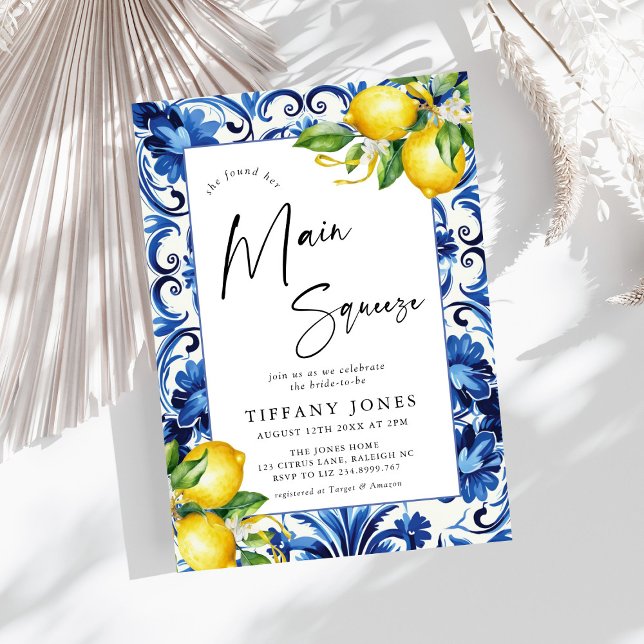 Mediterranean Blue Tiles Lemons Bridal Shower  Invitation (Creator Uploaded)
