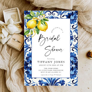 Mediterranean  Blue Tiles Lemons Bridal Shower Invitation