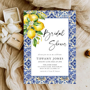 Mediterranean Blue Tiles Lemons Bridal Shower Invitation