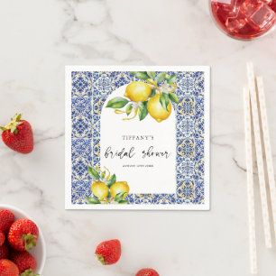 Mediterranean  Blue Tiles Lemons Bridal Shower Napkin