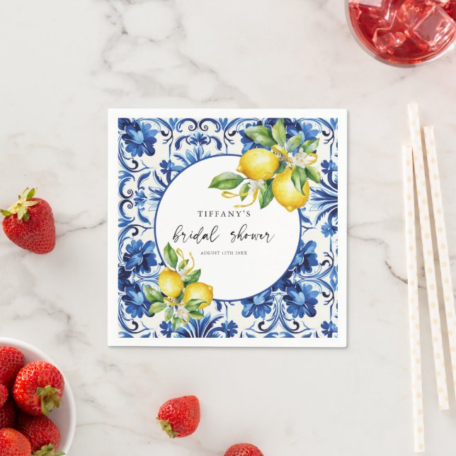 Mediterranean  Blue Tiles Lemons Bridal Shower Napkin (Insitu)