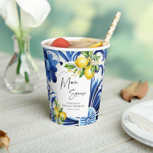Mediterranean  Blue Tiles Lemons Bridal Shower Paper Cups (Insitu)