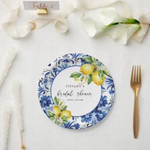 Mediterranean  Blue Tiles Lemons Bridal Shower Paper Plate
