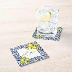Mediterranean  Blue Tiles Lemons Bridal Shower Square Paper Coaster