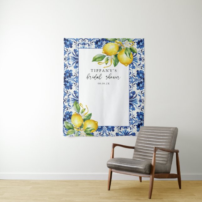 Mediterranean Blue Tiles  Lemons Bridal Shower  Tapestry (In Situ)
