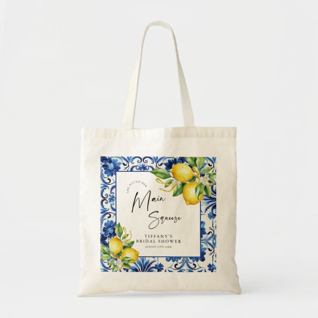 Mediterranean  Blue Tiles Lemons Bridal Shower Tote Bag (Front)