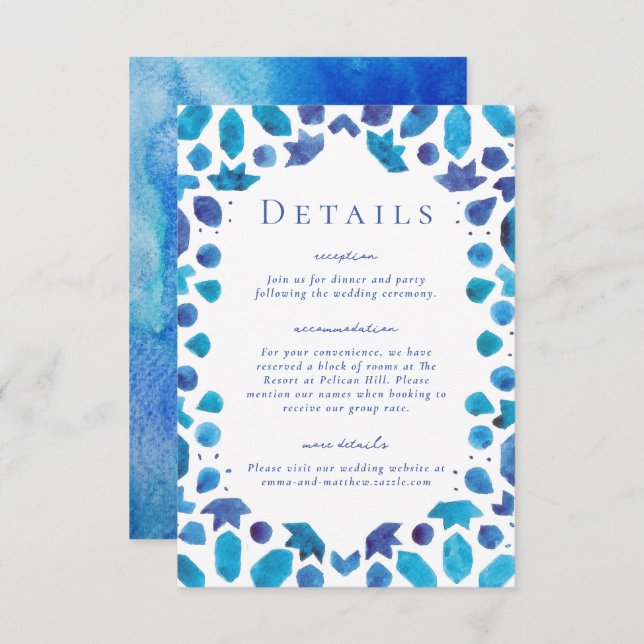 Mediterranean Blue Tiles Wedding Details Enclosure Card (Front/Back)