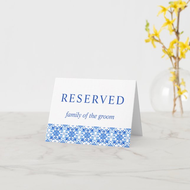 Mediterranean blue tiles wedding reserved sign card (Yellow Flower)