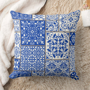 Mediterranean Blue & White Azulejo Majolica Mosaic Throw Pillow