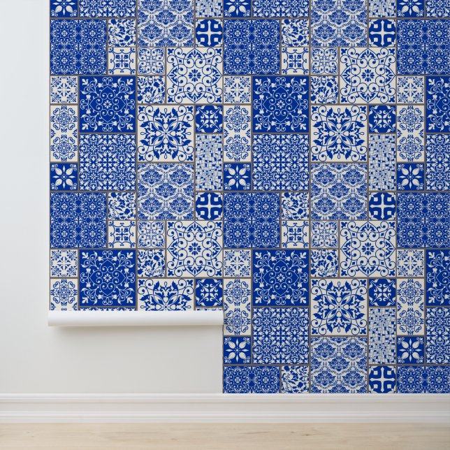 Mediterranean Blue & White Azulejo Majolica Tiles Wallpaper (Application)