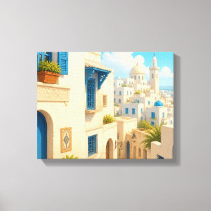 Mediterranean Blue & White Coastal Villa Canvas Print
