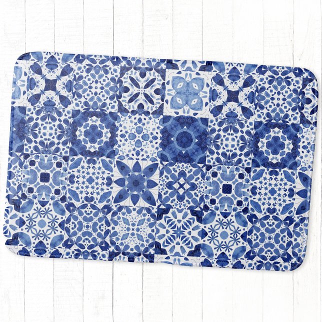 Mediterranean Blue White Tile Pattern Watercolor Bath Mat (Blue and white watercolor 
Mediterranean tile pattern bath mat)