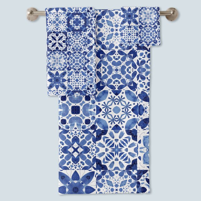 Mediterranean Blue White Tile Pattern Watercolor Bath Towel Set (Creator Uploaded)