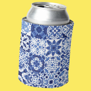 Mediterranean Blue White Tile Pattern Watercolor Can Cooler