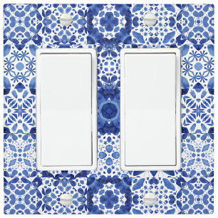 Mediterranean Blue White Tile Pattern Watercolor Light Switch Cover