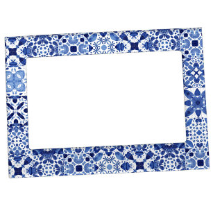 Mediterranean Blue White Tile Pattern Watercolor Magnetic Frame