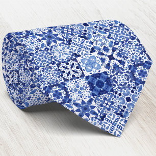 Mediterranean Blue White Tile Pattern Watercolor Tie