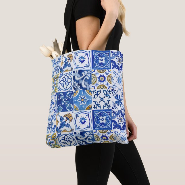 Mediterranean Blue, White & Yellow Summer Floral Tote Bag (Close Up)