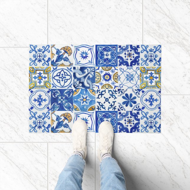 Mediterranean Blue, White & Yellow Watercolor Doormat (Indoor)