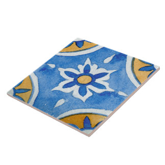 Mediterranean Blue White Yellow Watercolor Paint Tile