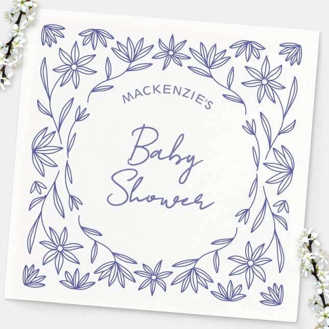 Mediterranean Blue Wildflower BabyShower Napkin (Modern Mediterranean blue and white floral wildflower line art doodle baby shower party paper napkin)