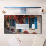 Mediterranean Blue Window Floral House Desk Mat<br><div class="desc">A beautiful desk mat featuring a charming Mediterranean-style house with bright blue windows,  white walls,  and vibrant pink flowers cascading around the doorway. This scenic design adds warmth,  color,  and a relaxing coastal village vibe to your workspace.</div>