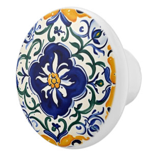 Mediterranean Blue Yellow Floral Flower Portuguese Ceramic Knob