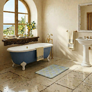 Mediterranean Blue & Yellow Lemon Tile Pattern Bath Mat