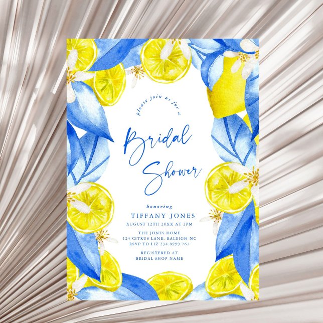 Mediterranean Blue Yellow Lemons Bridal Shower Invitation (Creator Uploaded)