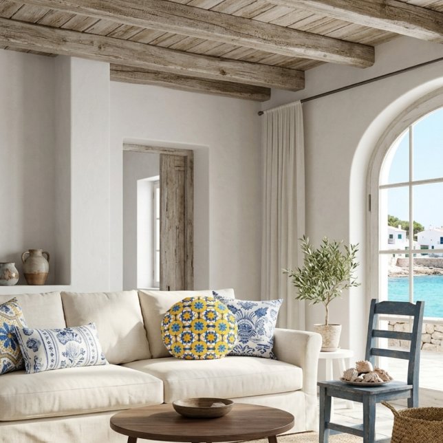 Mediterranean Blue Yellow Moroccan Tile Pattern Round Pillow (Creator Uploaded)