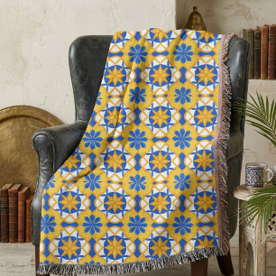 Mediterranean Blue Yellow Moroccan Tile Pattern Throw Blanket