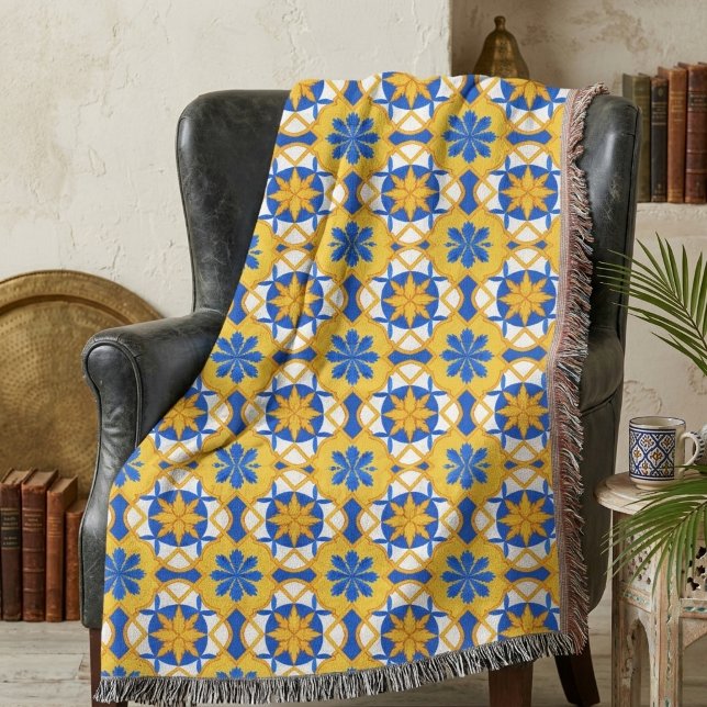 Mediterranean Blue Yellow Moroccan Tile Pattern Throw Blanket (Creator Uploaded)