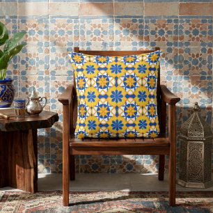 Mediterranean Blue Yellow Moroccan Tile Pattern Throw Pillow