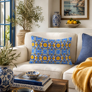 Mediterranean Blue Yellow Portuguese Pattern Accent Pillow