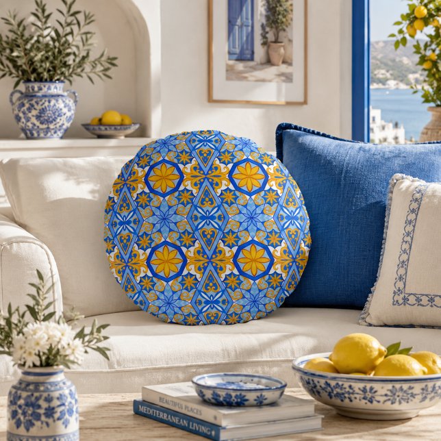 Mediterranean Blue Yellow Portuguese Pattern Round Pillow (Creator Uploaded)