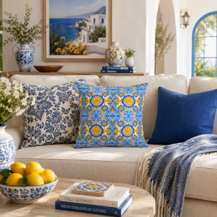 Mediterranean Blue Yellow Portuguese Pattern Throw Pillow