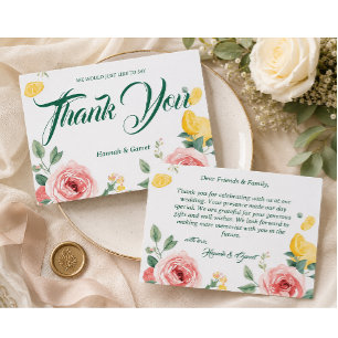 Mediterranean Blush Rose & Lemon Wedding Thank you Invitation