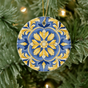 Mediterranean Botanical Pattern - Blue and Yellow Ceramic Ornament