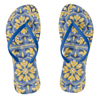 Mediterranean Botanical Pattern - Blue and Yellow Flip Flops