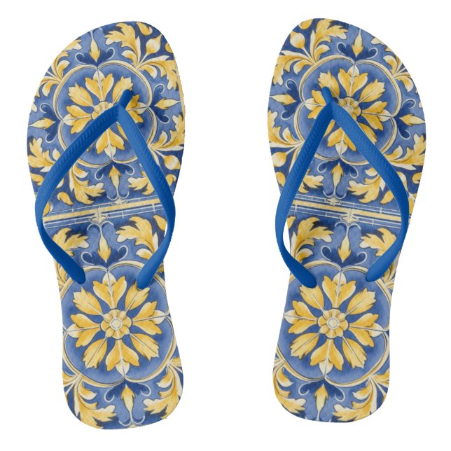 Mediterranean Botanical Pattern - Blue and Yellow Flip Flops (Footbed)