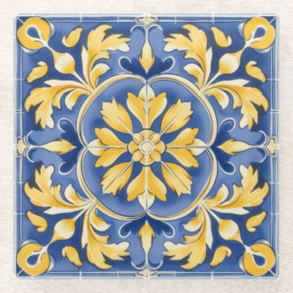 Mediterranean Botanical Pattern - Blue and Yellow Glass Coaster