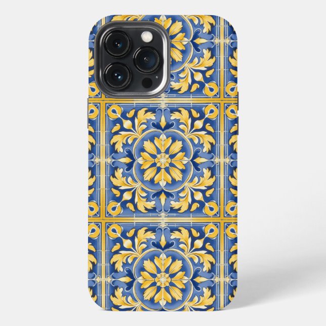 Mediterranean Botanical Pattern - Blue and Yellow iPhone Case (Back)