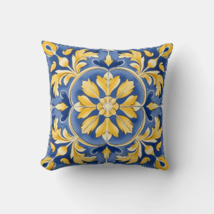 Mediterranean Botanical Pattern - Blue and Yellow Throw Pillow