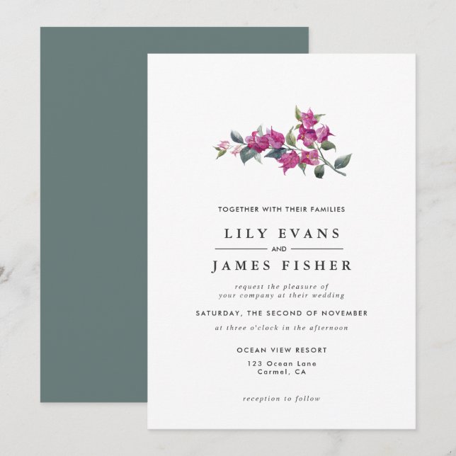 Mediterranean Bougainvillea Pink Burgundy Floral I Invitation (Front/Back)