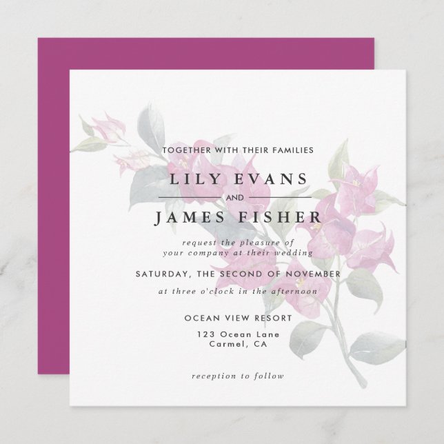 Mediterranean Bougainvillea Pink Floral Wedding Invitation (Front/Back)